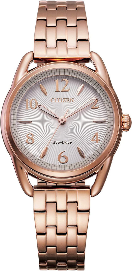 Eco-Drive Casual Womens Watch, Stainless Steel Pink Gold Bracelet, Silver-White Dial