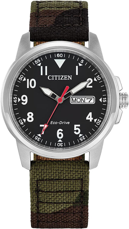 Eco-Drive Garrison Men'S Watch, Stainless Steel with Nylon Strap, Weekender Camouflage Strap, Black Dial