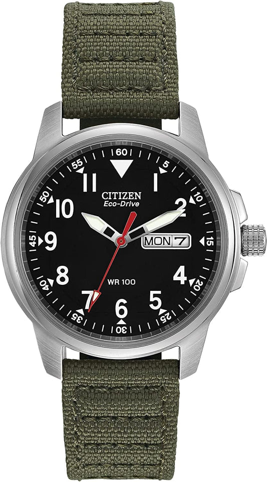 Eco-Drive Garrison Men'S Watch, Stainless Steel with Nylon Strap, Weekender Green Strap, Black Dial