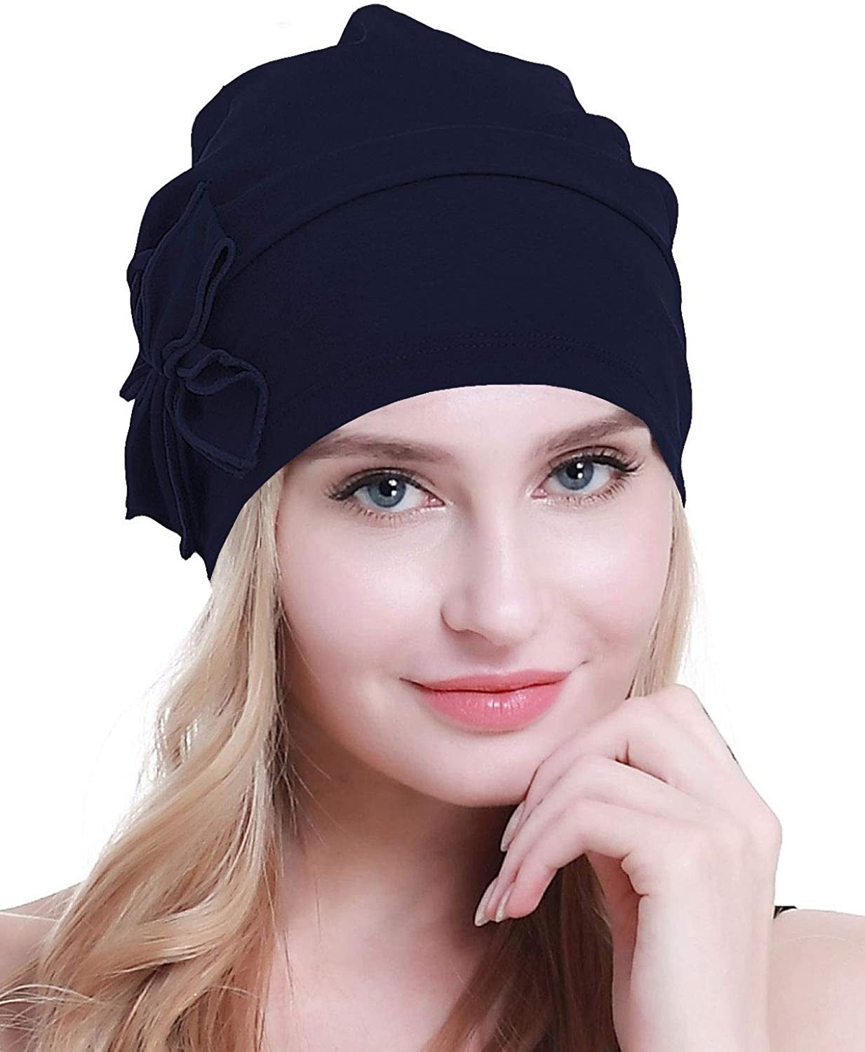 Osvyo Cotton Chemo Turbans Headwear Beanie Hat Cap for Women Cancer Patient Hairloss Apparel & Accessories > Clothing Accessories > Headwear osvyo Cotton Navy Blue One Size 