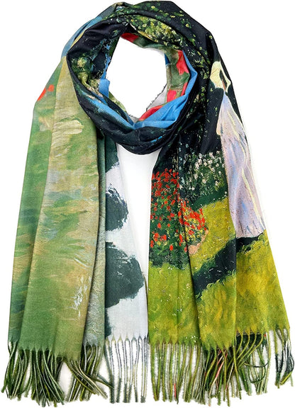 Plum Feathers Super Soft Cashmere Feel Double Sided Reversible Art Shawl Scarf Van Gogh Monet Klimt Inspired Apparel & Accessories > Clothing Accessories > Scarves & Shawls Plum Feathers Woman With Umbrella Woman and Child in Field  