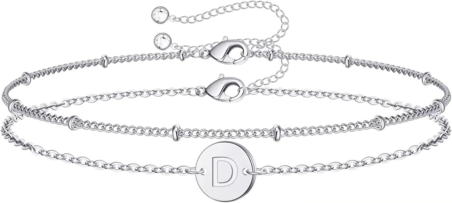 Silver Initial Bracelets for Women Teen Girls, 14K White Gold Filled Layered Letter Initial Bracelet Dainty Disc Initial Charm Bracelets Silver Bracelets for Women Girls Jewelry Gifts for Girls Apparel & Accessories > Jewelry > Bracelets MONOZO D  