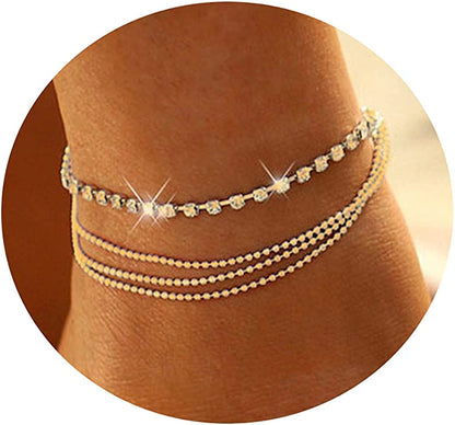 Tasiso 14K Gold Plated Layered Satellite Beads Heart Anklets Layering Rhinestone Cubic Zirconia Ankle Bracelets for Women Minimalist Summer Beach Foot Chain Ankle Jewelry Gifts Apparel & Accessories > Jewelry > Anklets Tasiso 4 Layered Tennis -Gold  