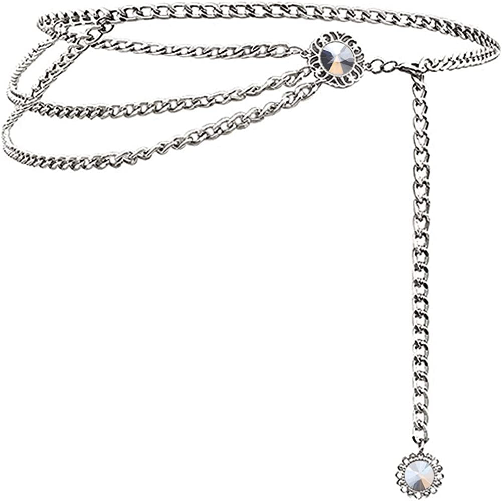 Glamorstar Multilayer Metal Waist Chain Dress Belts Metal Belt for Women Apparel & Accessories > Clothing Accessories > Belts Glamorstar Crystal Silver Medium(110cm/43.3in) 