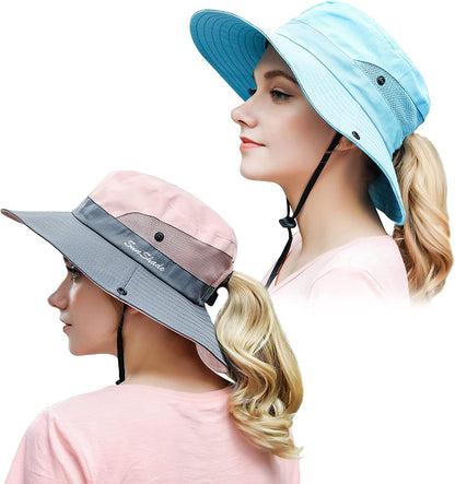 Muryobao 2 Pack Women Ponytail Summer Sun Hat UV Protection Wide Brim Foldable Safari Fishing Cap Apparel & Accessories > Clothing Accessories > Hats Muryobao 2 Pack - Pure Blue & Pink  