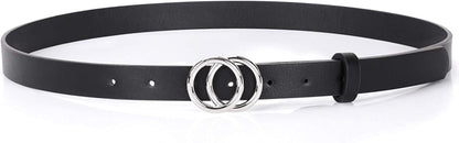 Double Ring Leather Belts for Women SANSTHS O-Style Gold Buckle Skinny Dress Belt 0.86 Inch Width for Jeans Pants Apparel & Accessories > Clothing Accessories > Belts SANSTHS C-black ( Silver Buckle ) Fit Pants Size 46-50Inch 