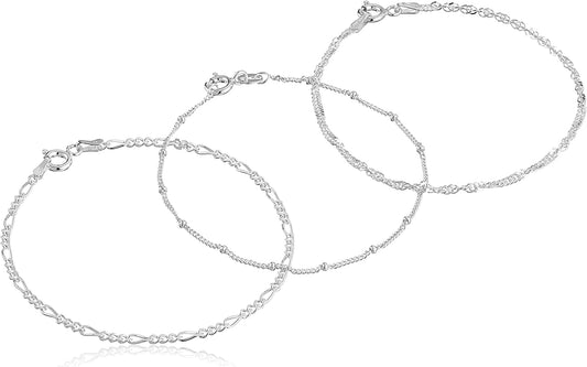 Collection .925 Sterling Silver Figaro, Bead Station and Singapore Chain Bracelet Set Size 7 Apparel & Accessories > Jewelry > Bracelets Amazon Collection Sterling Silver  