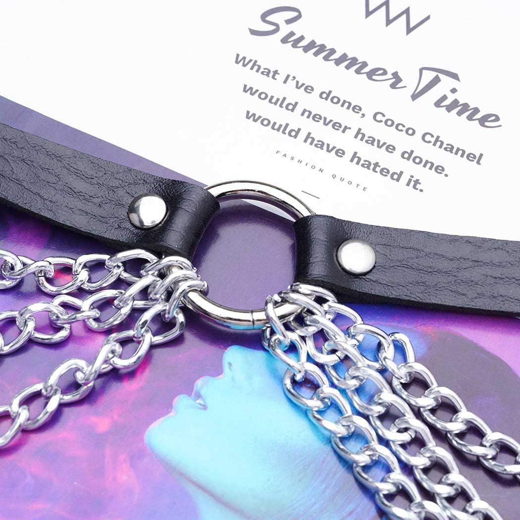 Reetan Punk Layered Chest Chains Silver Leather Body Chains Ring Rave Party Nightclub Body Jewelry Accessories for Women and Girls Apparel & Accessories > Jewelry > Body Jewelry Reetan   