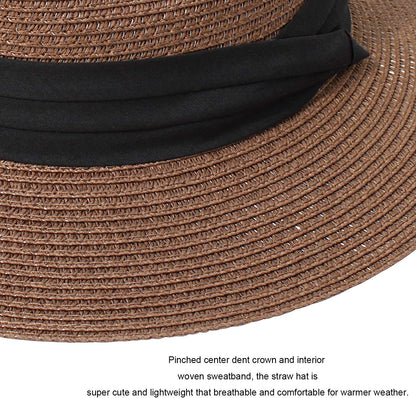 DRESHOW Women Straw Panama Hat Fedora Beach Sun Hat Wide Brim Straw Roll up Hat UPF 50+ Apparel & Accessories > Clothing Accessories > Hats DRESHOW   