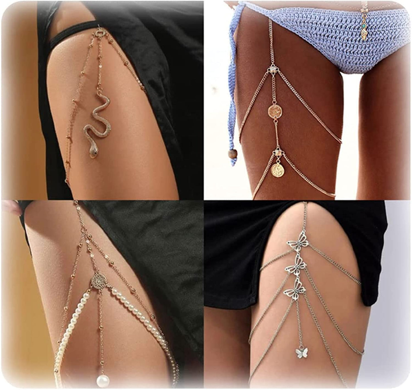 Snake Leg Chain for Women Thigh Chain for Girls Gold Snake Pendant Boho Body Chain for Beach Summer Holiday Apparel & Accessories > Jewelry > Body Jewelry HUASAI 4 Pcs Pearl  