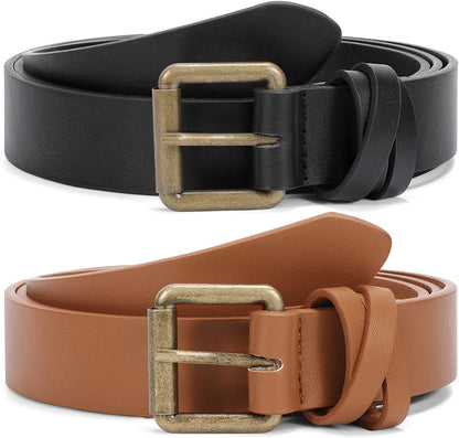JASGOOD 2 Pack Women Leather Belt for Jeans Pants,Fashion PU Leather Belt with Alloy Buckle Apparel & Accessories > Clothing Accessories > Belts KYLIE MAX C-black+brown With Bronze Buckle Suit for size 34"-37" 