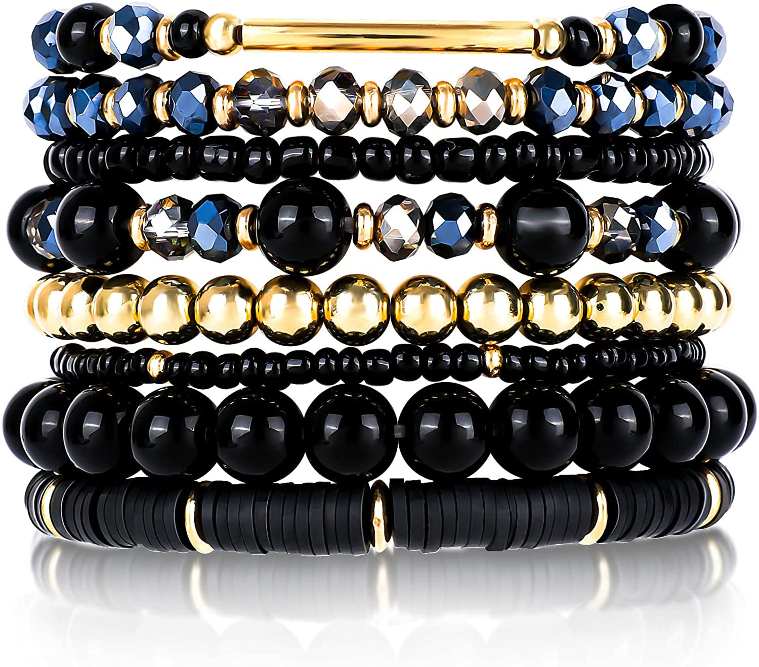Bohemian Multi-Layer Beaded Stacking Pink Bracelets, 8 Pcs Versatile Strand Stretch Sparkly Crystal Beads Wrap Slip-On Cuff Bangle Set Apparel & Accessories > Jewelry > Bracelets IDEAJOY Black  