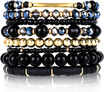 Bohemian Multi-Layer Beaded Stacking Pink Bracelets, 8 Pcs Versatile Strand Stretch Sparkly Crystal Beads Wrap Slip-On Cuff Bangle Set Apparel & Accessories > Jewelry > Bracelets IDEAJOY Black  
