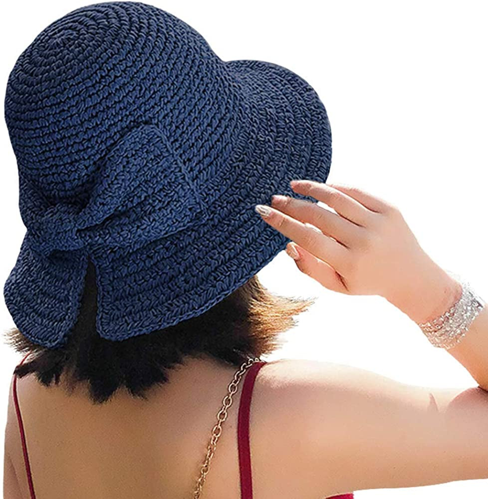 Foldable Wide Brim Floppy Straw Beach Sun Hat,Summer Cap with Bowknot for Women Girls,Strap Adjustable Apparel & Accessories > Clothing Accessories > Hats Bseash 1 Pack Navy Blue  