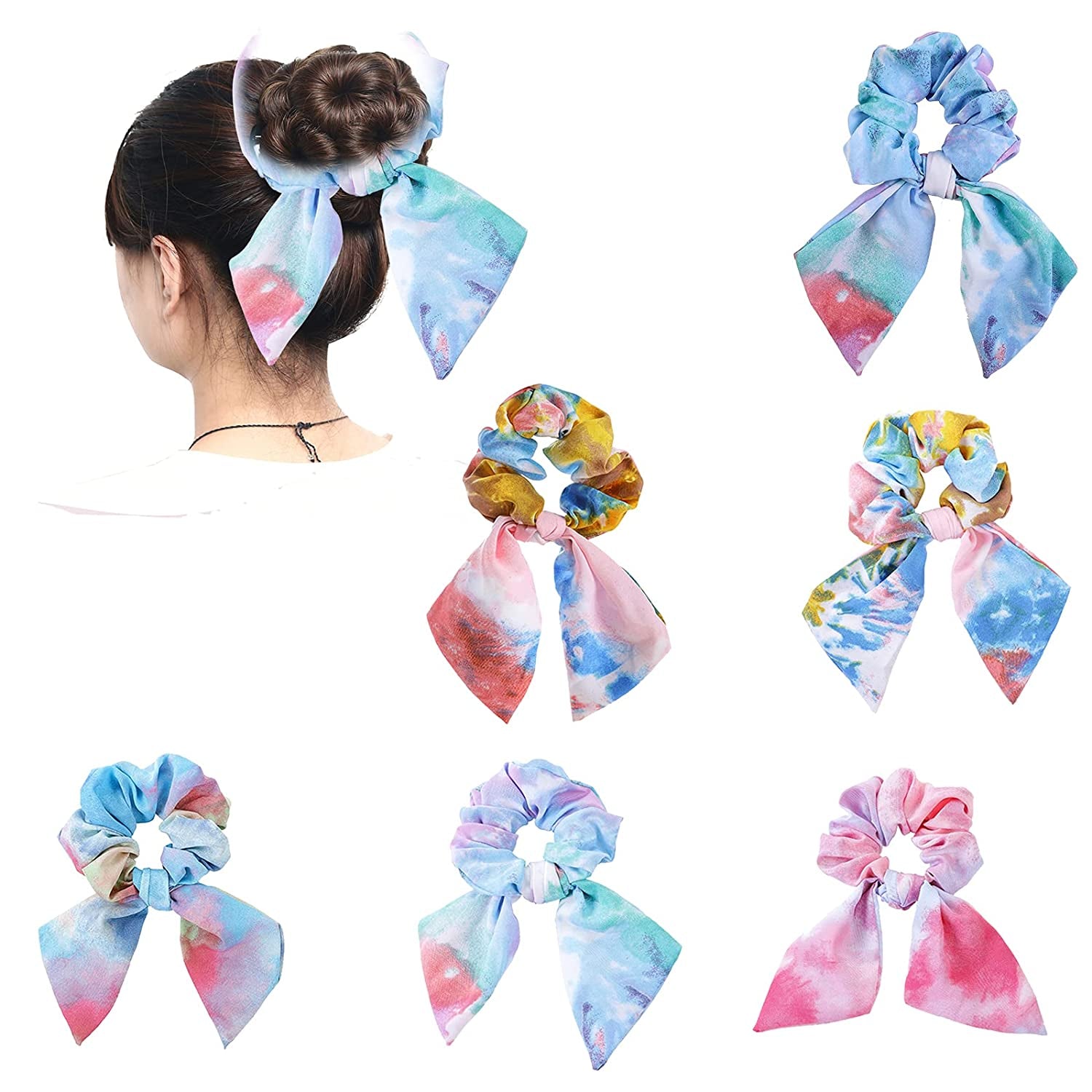 Cutewing Paisley Hair Scrunchies with Bow Hair Scarves Scrunchy Ponytail Holder Elastics Hair Bands Ribbon Hair Tie for Women Girls with 6PCS Apparel & Accessories > Clothing Accessories > Bandanas & Headties Cutewing tie dye  