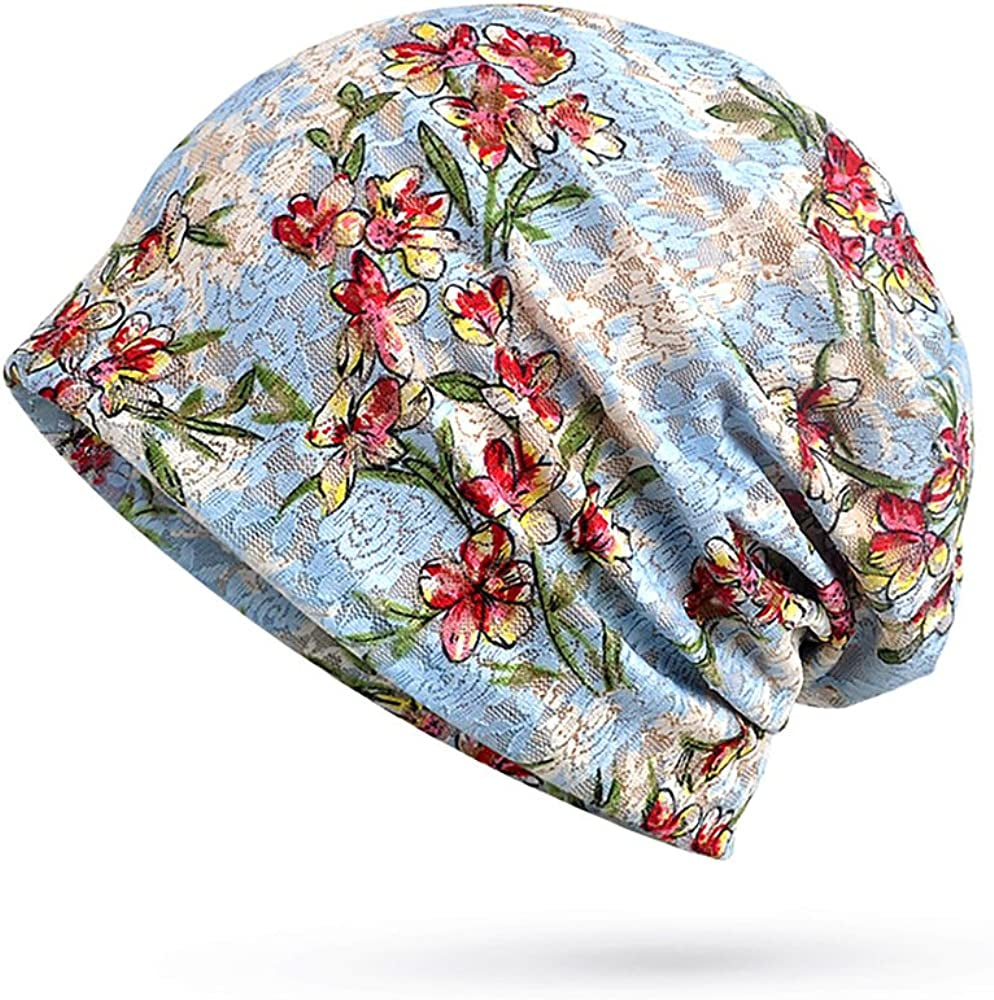 Glamorstar Floral Lace Beanie Hat Chemo Cap Stretch Slouchy Turban Headwear Apparel & Accessories > Clothing Accessories > Headwear Glamorstar Flowers Sky Blue One Size 