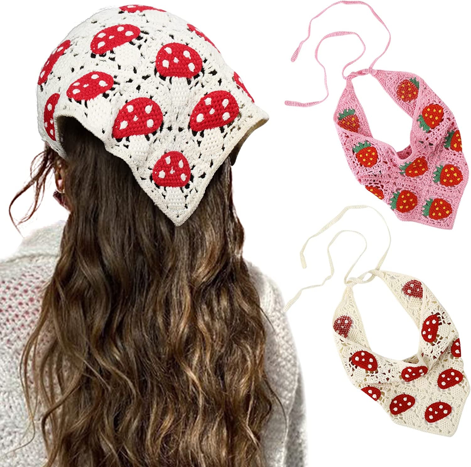 Floral Crochet Hair Bandanas Headscarf- HAIMEIKANG 2 PCS Women Hair Scarf Daisy Headband Vintage Head Kerchief for Girls Apparel & Accessories > Clothing Accessories > Bandanas & Headties HAIMEIKANG Beige+pink  