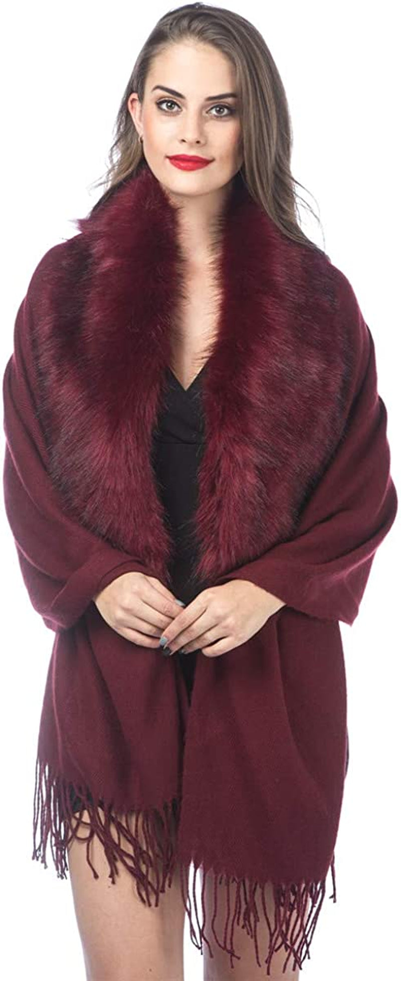 Women Cold Weather Luxurious Faux Fur Collar Joint Large Wrap Scarf for Ladies Apparel & Accessories > Clothing Accessories > Scarves & Shawls Lucky Leaf Wrap1-burgundy  