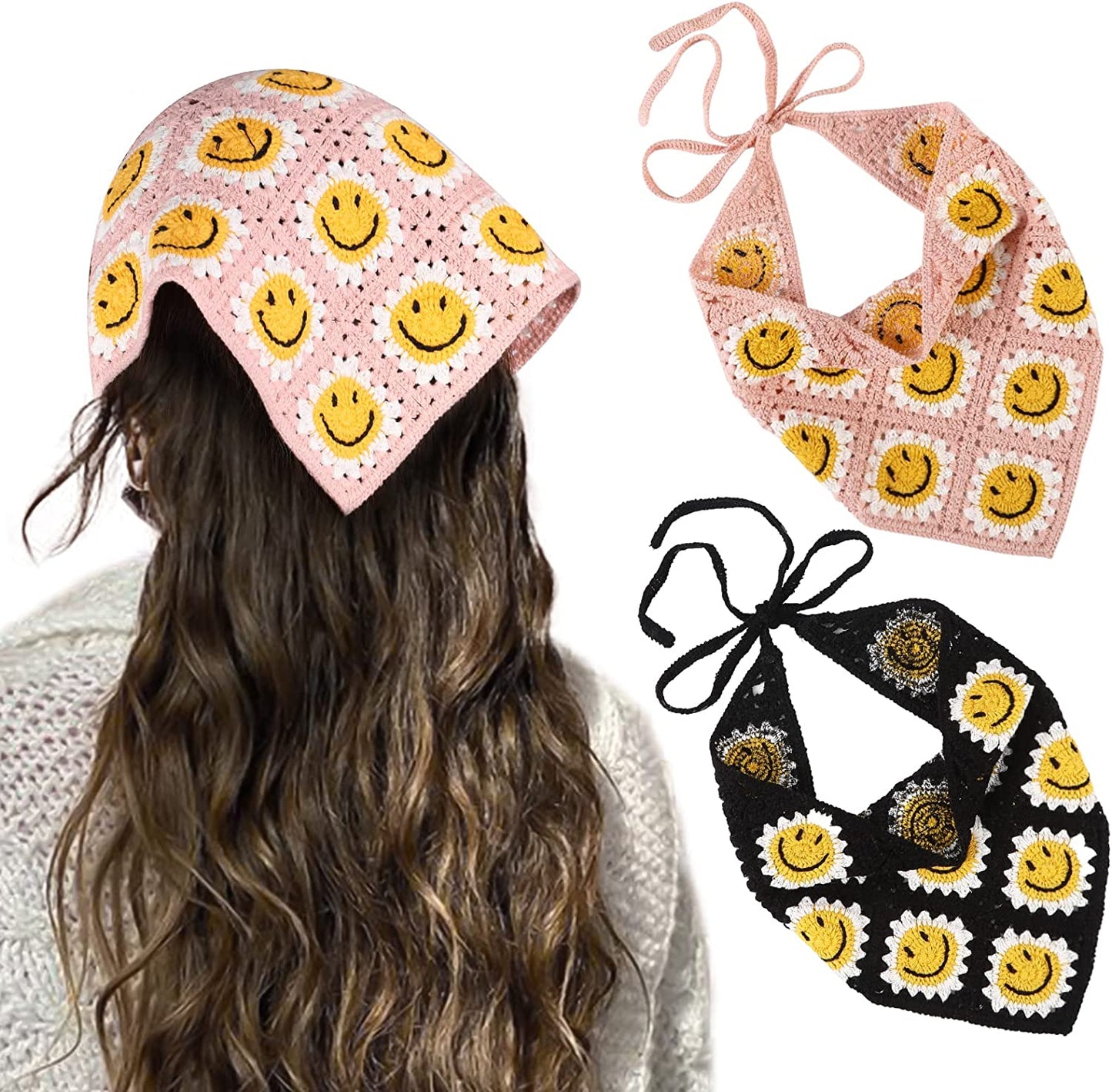 Floral Crochet Hair Bandanas Headscarf- HAIMEIKANG 2 PCS Women Hair Scarf Daisy Headband Vintage Head Kerchief for Girls Apparel & Accessories > Clothing Accessories > Bandanas & Headties HAIMEIKANG Black+pink  
