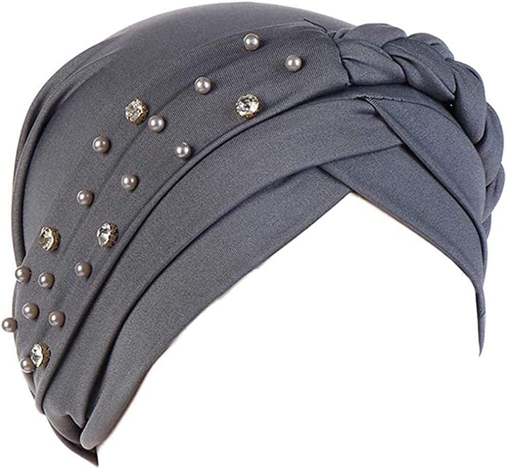 Women Girls Turban Hat, Rhinestone Pearl Braid Turban Head Wrap Baggy Slouchy Beanie Chemo Cap Headwear Hair Wrap Apparel & Accessories > Clothing Accessories > Headwear canjoyn Grey  