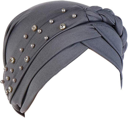 Women Girls Turban Hat, Rhinestone Pearl Braid Turban Head Wrap Baggy Slouchy Beanie Chemo Cap Headwear Hair Wrap Apparel & Accessories > Clothing Accessories > Headwear canjoyn Grey  