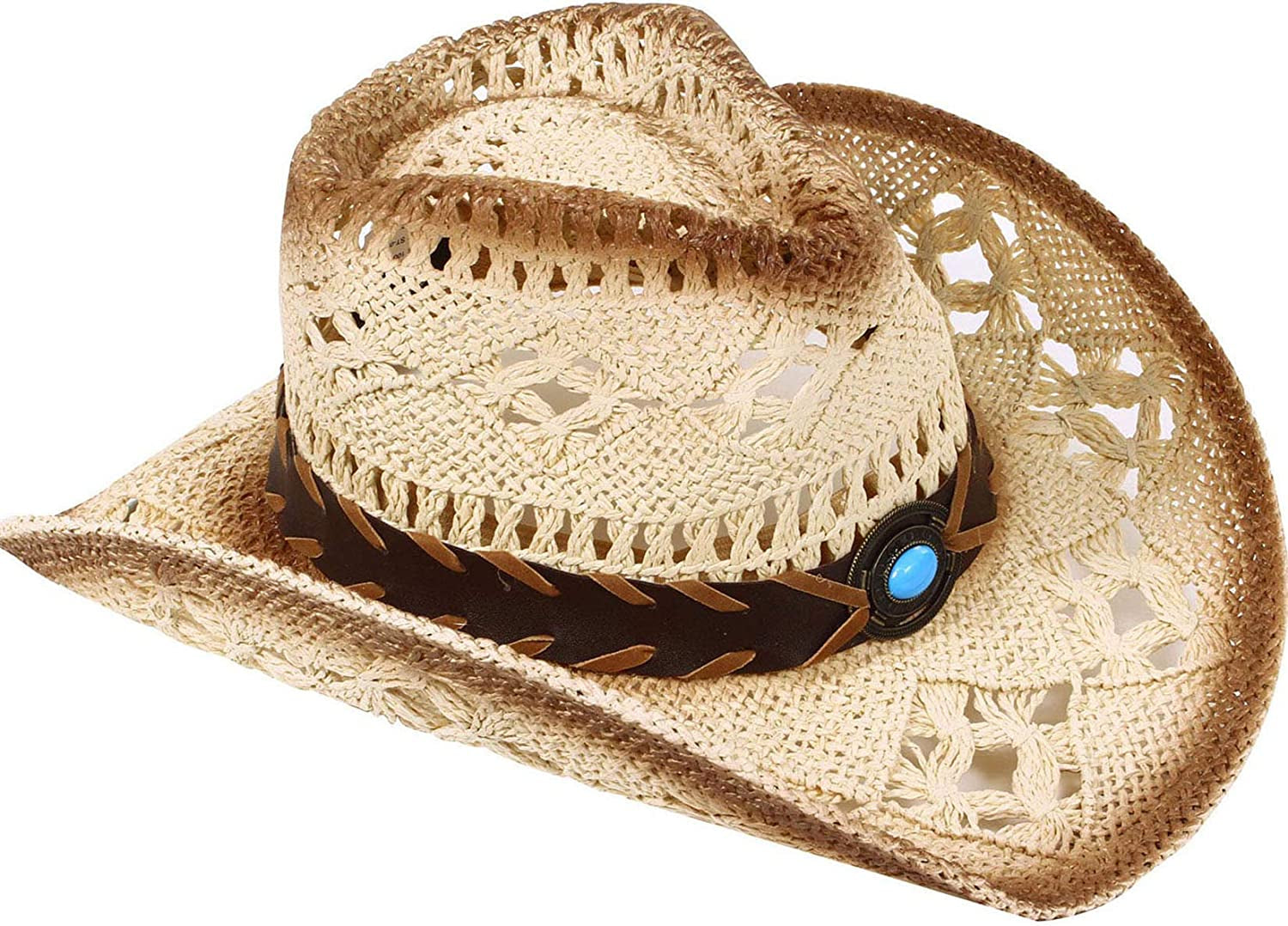 Livingston Men & Women'S Woven Straw Cowboy Hat W/Hat Band Apparel & Accessories > Clothing Accessories > Hats KYLIE MAX A-blue Bead_beige  