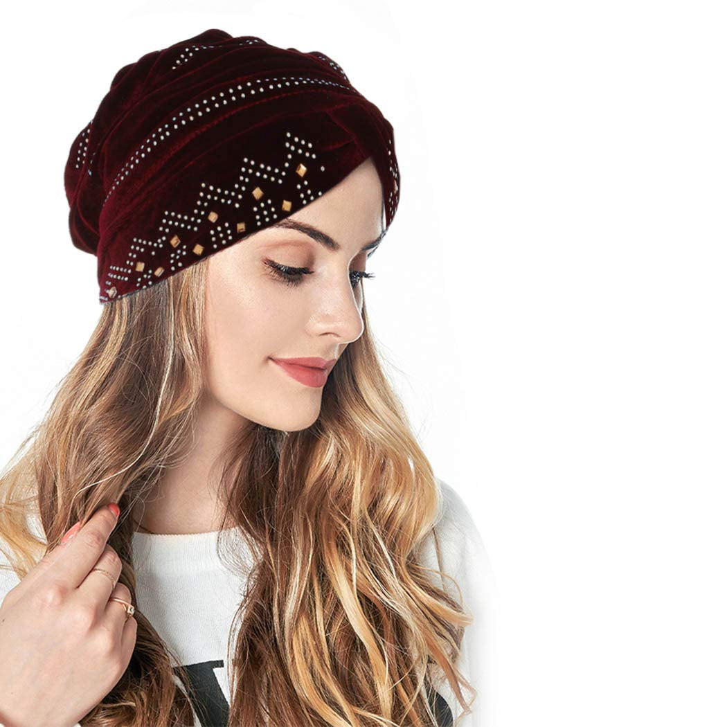 Bohend Vintage Rhinestone Turban Sleep Headwrap Wide Sparkly Sleep Turban Headband Crystal Muslim Hat Headwear Beanie Pre-Tied Bonnet Velvet Hat Cap Hair Wrap for Women and Girls (Wine Red) Apparel & Accessories > Clothing Accessories > Headwear Bohend   