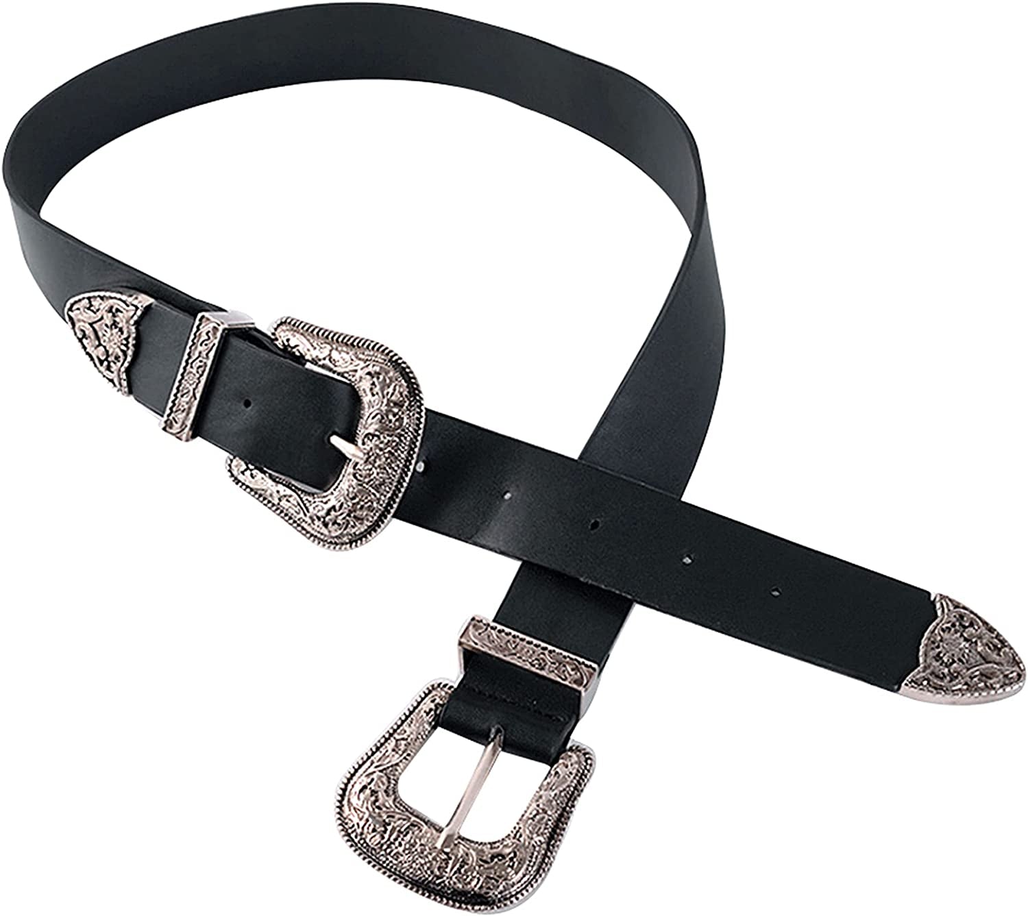 CLARA Women Vintage Western Waist Belt Double Buckle Belt PU Leather Waistband for Jeans Dress Apparel & Accessories > Clothing Accessories > Belts CLARA Silver  
