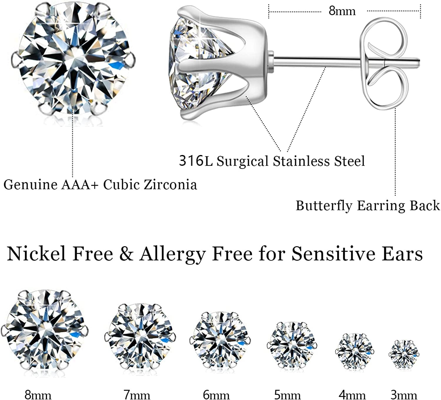 UHIBROS 6 Pairs Stainless Steel Stud Earrings Set Hypoallergenic Cubic Zirconia 14K White Gold 316L CZ Earrings Apparel & Accessories > Jewelry > Earrings UHIBROS   