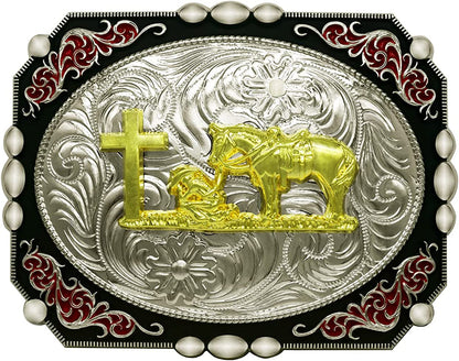 Moranse Religion Cross Cowboy Kneeling Prayer and Horse Design Belt Buckles Apparel & Accessories > Clothing Accessories > Belt Buckles Moranse Praying Cowboys Flower  