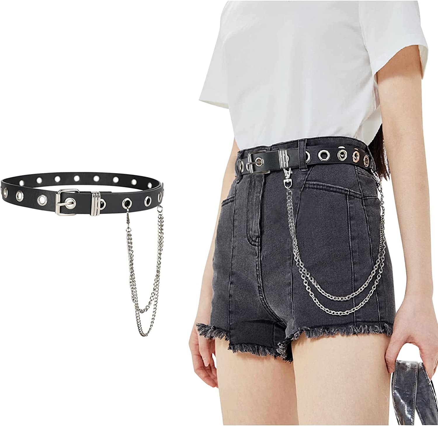 FIORETTO Grommet Leather Belt with Detachable Chain Women Men Punk Rock Waist Belts for Jeans Pants Apparel & Accessories > Clothing Accessories > Belts FIORETTO Black (With Silver Chain) One Size 