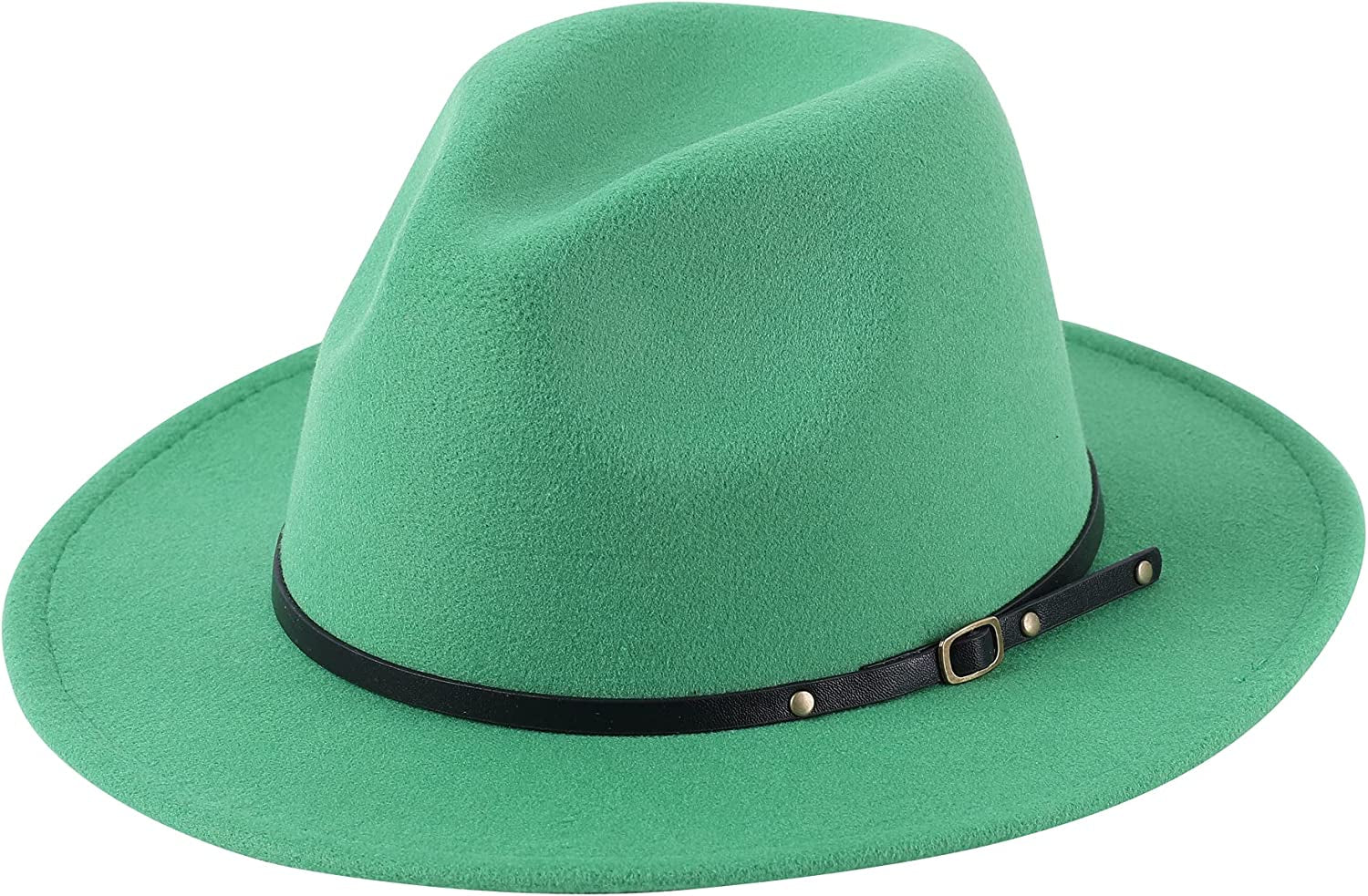 Lanzom Womens Classic Wide Brim Floppy Panama Hat Belt Buckle Wool Fedora Hat Apparel & Accessories > Clothing Accessories > Hats Lanzom Grass Green One Size 