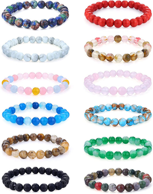 Jerywe 12 Pcs 8Mm Beaded Bracelets for Women Men Natural Stone Stackable Bracelet Charm Beaded Healing Crystal Stretch Bracelets Jewelry Apparel & Accessories > Jewelry > Bracelets JeryWe Style A  