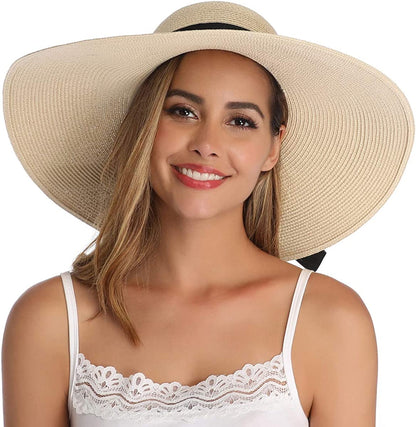 Lanzom Womens Wide Brim Straw Hat Big Floppy Foldable Roll up Cap Beach Sun Hat UPF 50+ Apparel & Accessories > Clothing Accessories > Hats Lanzom   