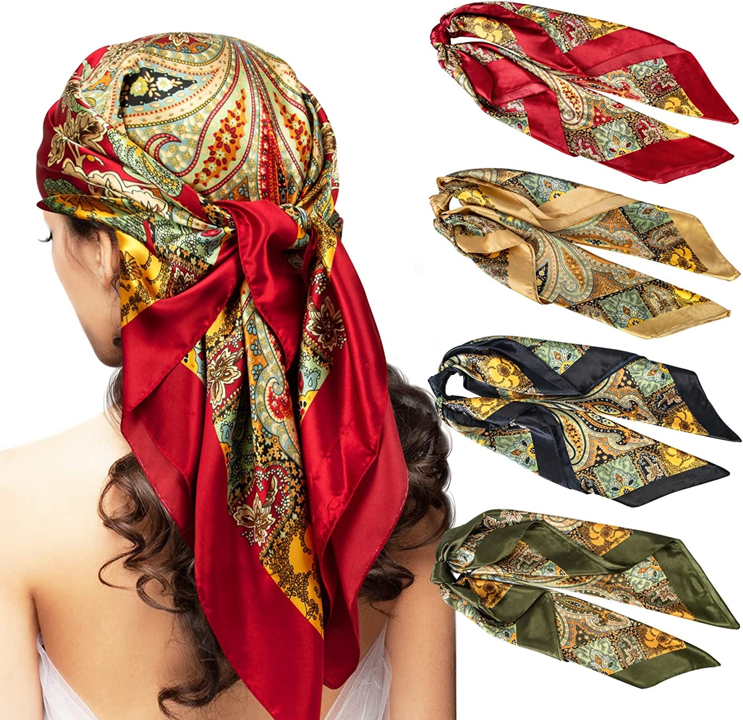 Chalier 4 Pcs Silk Feeling Head Scarf for Women, 35 X 35 Inches Silky Satin Neck Head Hair Scarf for Women Fashion Soft Silk Bandana Beautiful Gifts Apparel & Accessories > Clothing Accessories > Bandanas & Headties Chalier Fashion   