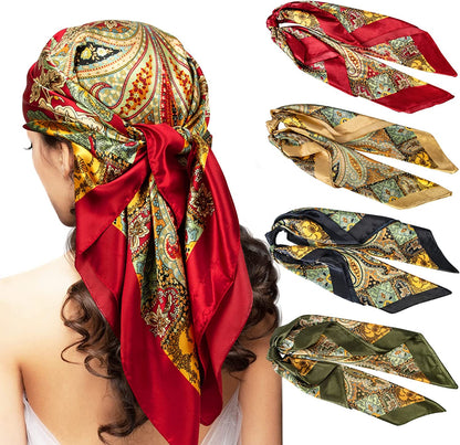 Chalier 4 Pcs Silk Feeling Head Scarf for Women, 35 X 35 Inches Silky Satin Neck Head Hair Scarf for Women Fashion Soft Silk Bandana Beautiful Gifts Apparel & Accessories > Clothing Accessories > Bandanas & Headties Chalier Fashion   