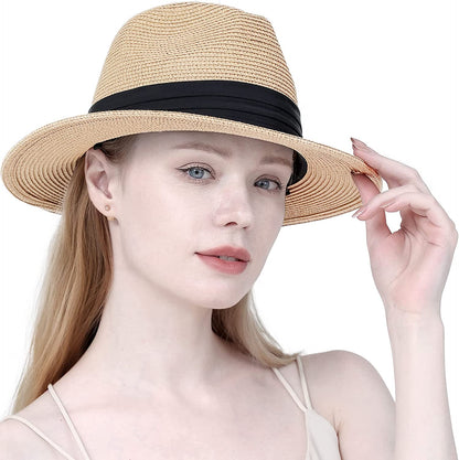 DRESHOW Women Straw Panama Hat Fedora Beach Sun Hat Wide Brim Straw Roll up Hat UPF 50+ Apparel & Accessories > Clothing Accessories > Hats DRESHOW Panama Straw Hat: Beige  