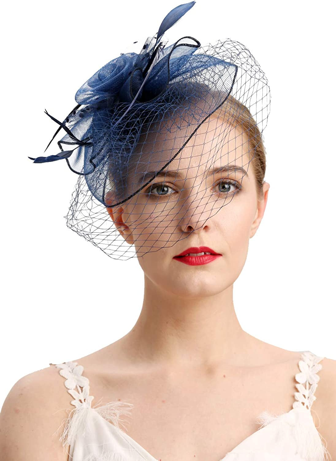 Fascinators Hats 20S 50S Hat Pillbox Hat Cocktail Tea Party Headwear with Veil for Girls and Women Apparel & Accessories > Clothing Accessories > Headwear Cizoe D-navy  