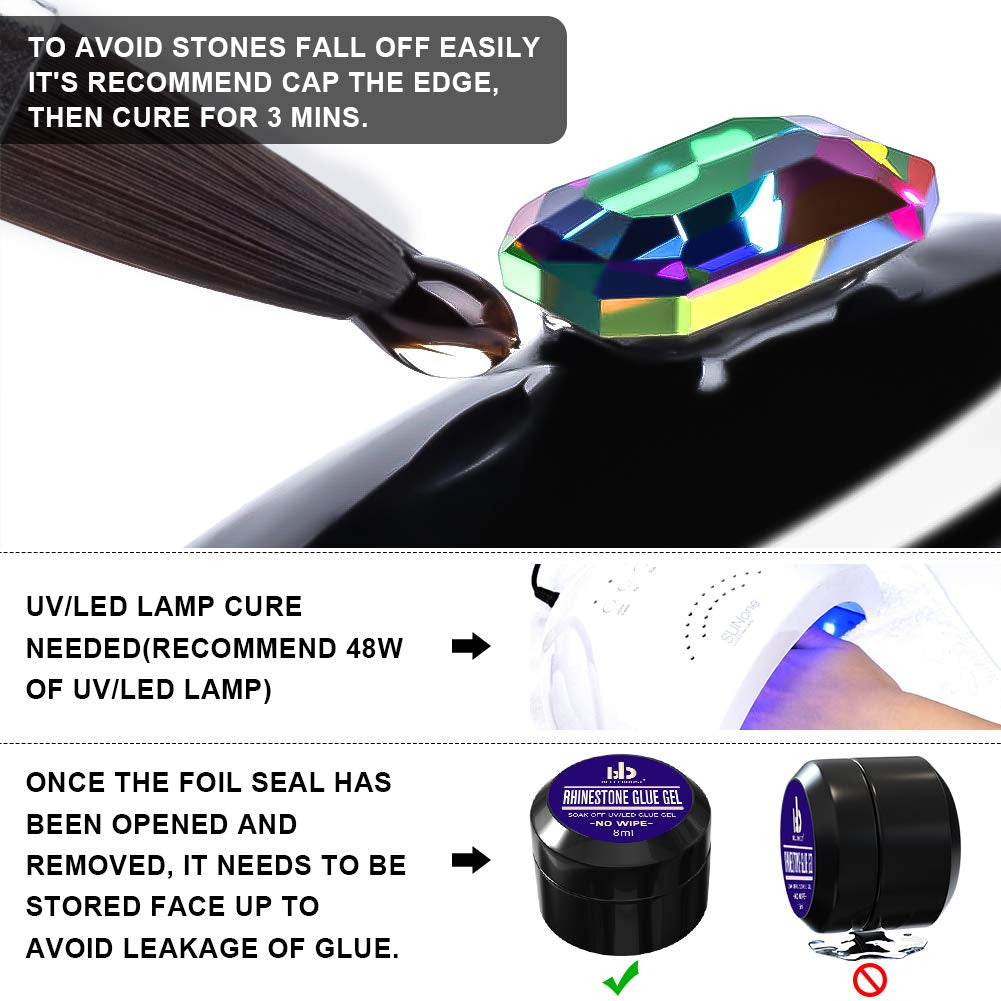 Nail Art 8Ml×2 NO WIPE Rhinestone Glue Gel Kit(Led Light Cure Needed) Adhesive Resin Gem Stone Jewelry Beads Diamond Gel Nail Polish Clear Decoration with Nail Rhinestones(Crystal+Acrylic+Rivet)+Tools Health & Beauty > Personal Care > Cosmetics > Cosmetic Tools > Nail Tools BELLEBOOST   