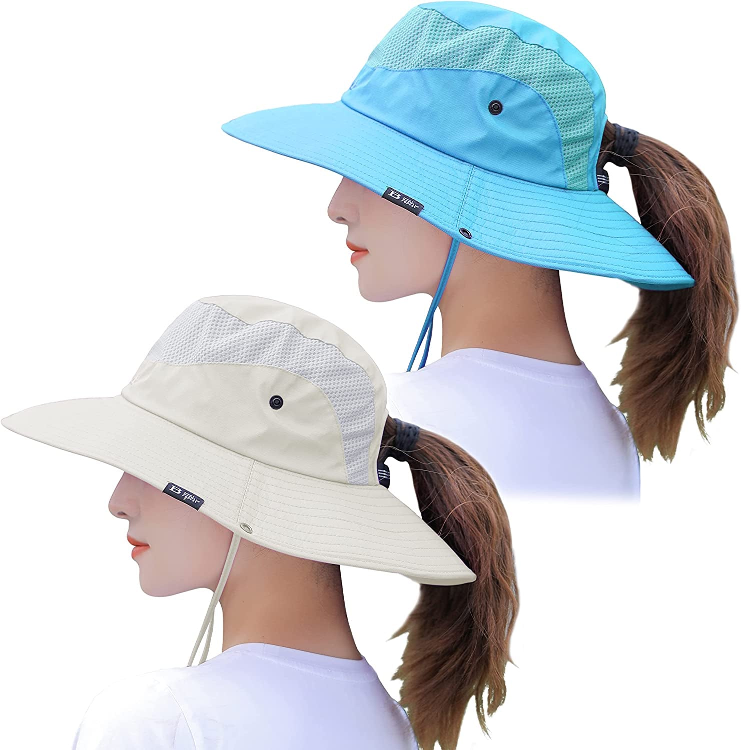 Muryobao 2 Pack Womens Sun Hat Wide Brim UV Protection Beach Hats with Ponytail Hole Apparel & Accessories > Clothing Accessories > Hats Muryobao 2 Pack - Beige & Blue  