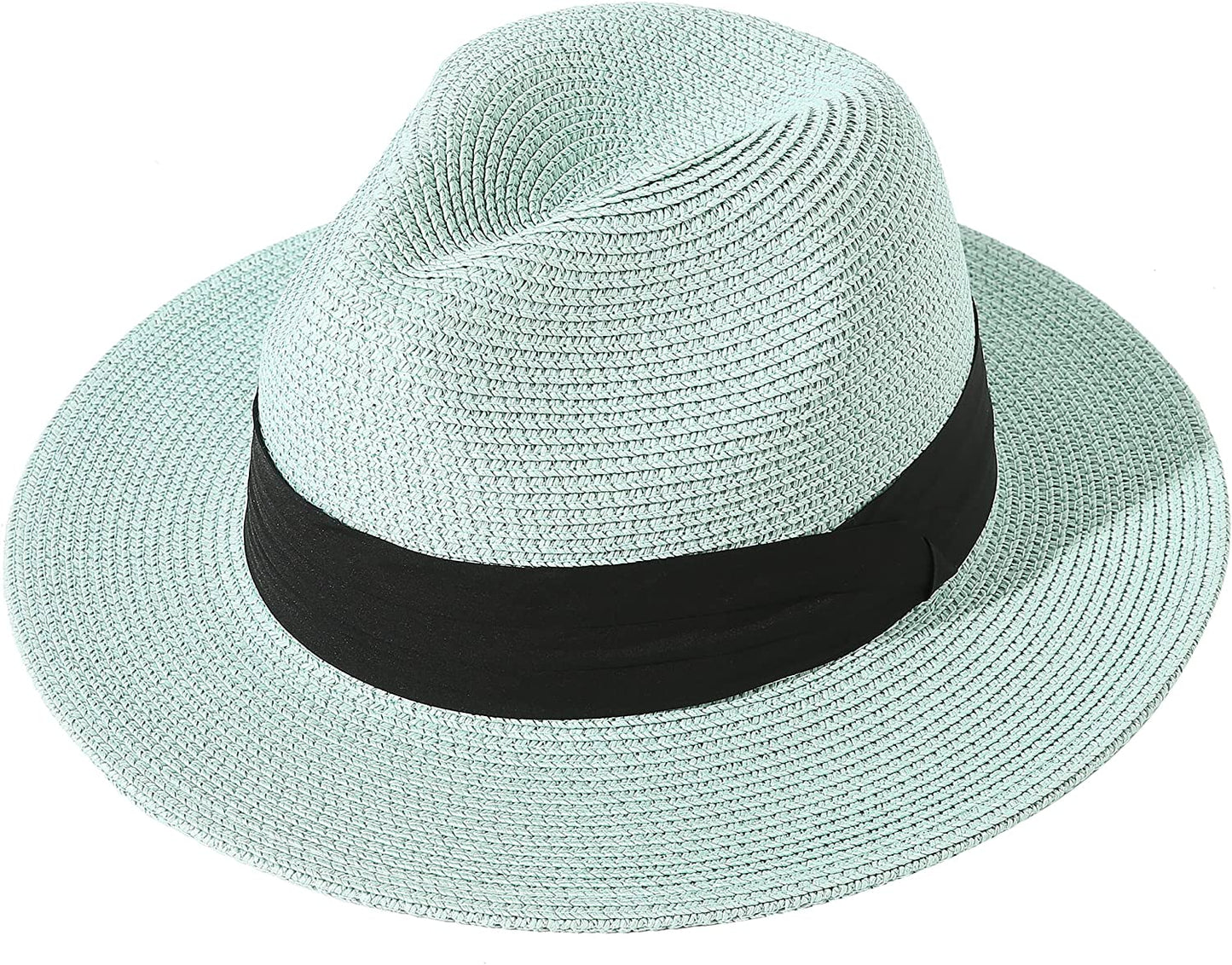 Lanzom Women Wide Brim Straw Panama Roll up Hat Belt Buckle Fedora Beach Sun Hat UPF50+ Apparel & Accessories > Clothing Accessories > Hats Lanzom Mint Green One Size 