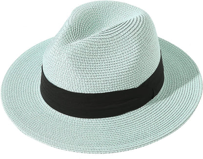 Lanzom Women Wide Brim Straw Panama Roll up Hat Belt Buckle Fedora Beach Sun Hat UPF50+ Apparel & Accessories > Clothing Accessories > Hats Lanzom Mint Green One Size 