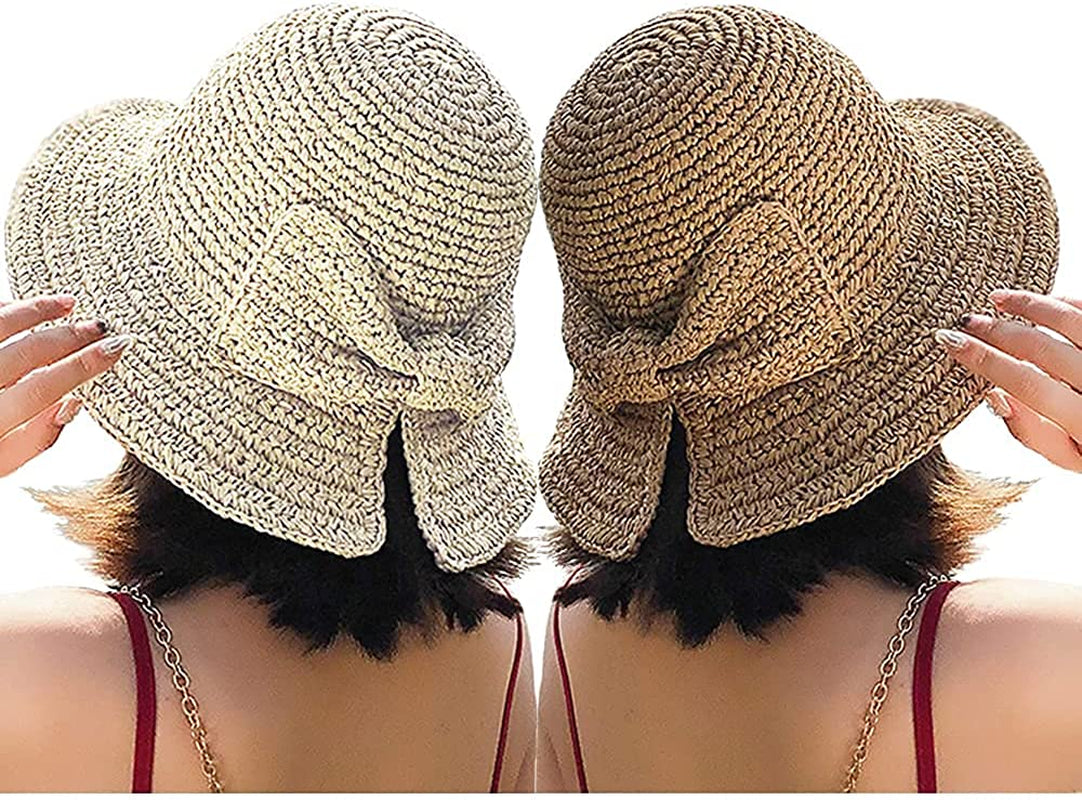 Foldable Wide Brim Floppy Straw Beach Sun Hat,Summer Cap with Bowknot for Women Girls,Strap Adjustable Apparel & Accessories > Clothing Accessories > Hats Bseash 2 Pack Beige & Khaki  