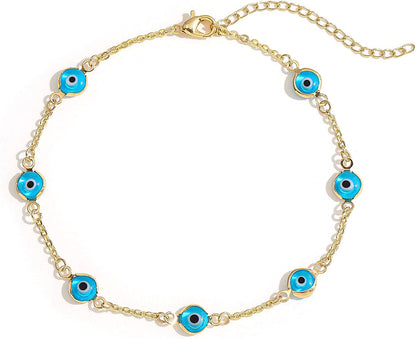 SLOONG Evil Eye Anklet Bracelet for Women Girls 14K Gold Plated Beach Foot Anklet Bracelet Summer Jewelry Beads Anklet Set, Adjustabe Size Apparel & Accessories > Jewelry > Anklets SLOONG Light Blue  