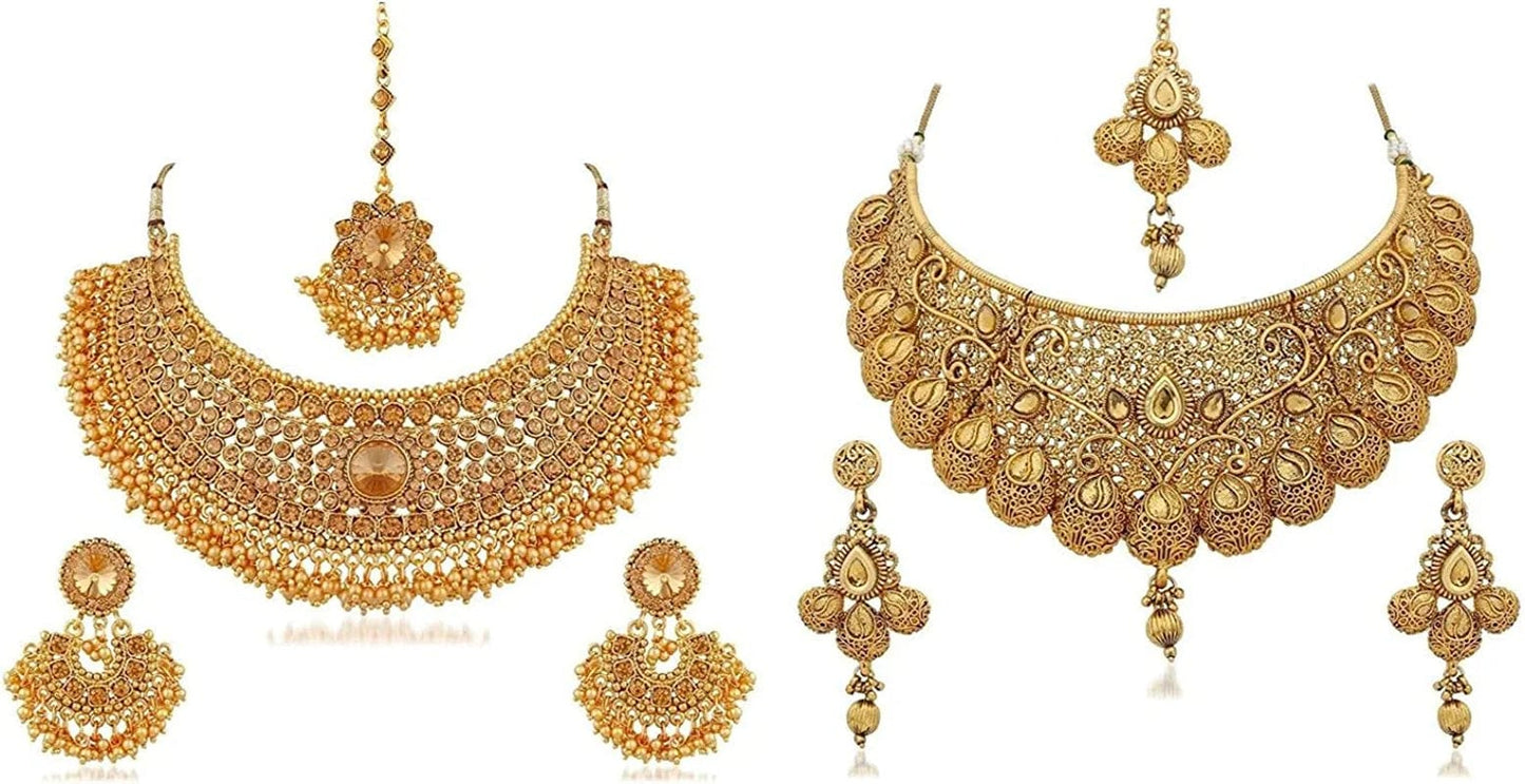 Efulgenz Indian Bollywood Traditional Crystal Pearl Wedding Choker Necklace Earrings Maang Tikka Jewelry Set Multipack