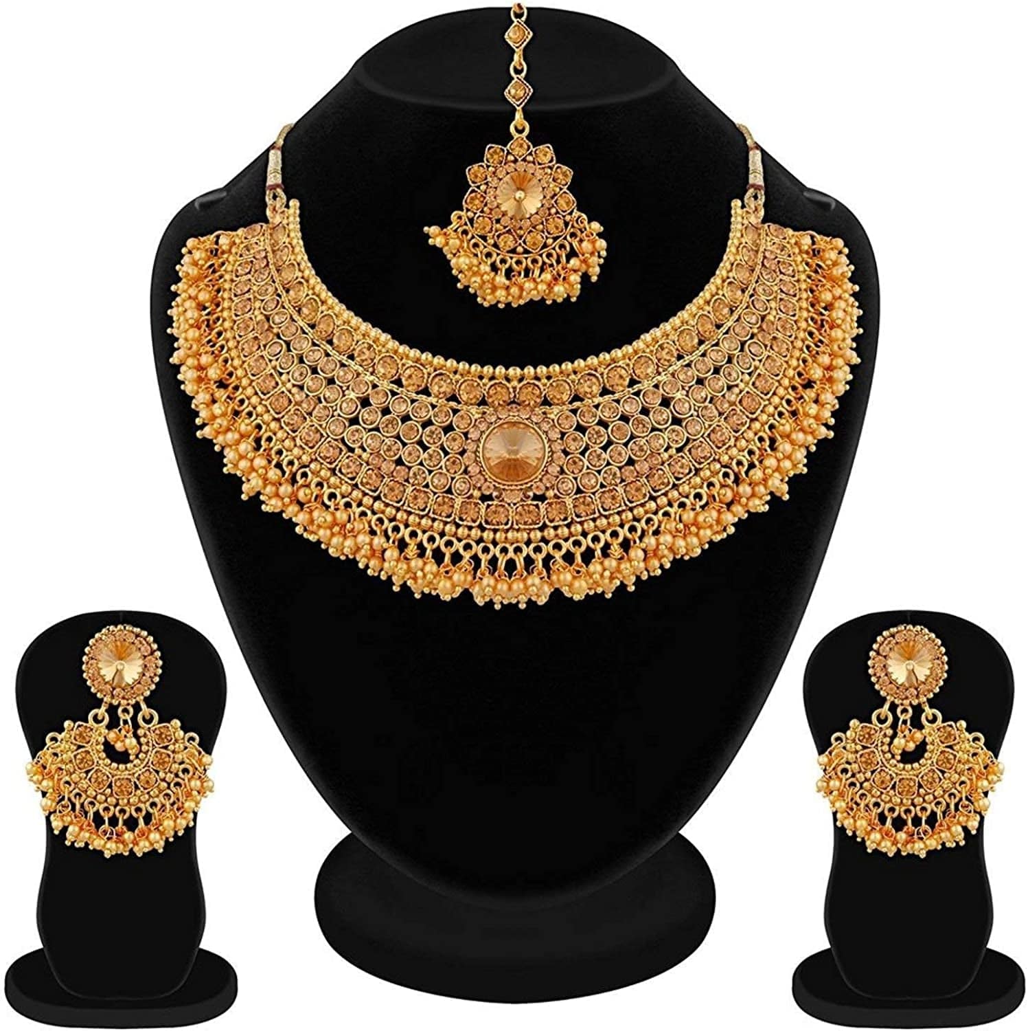 Efulgenz Indian Bollywood Traditional Crystal Pearl Wedding Choker Necklace Earrings Maang Tikka Jewelry Set