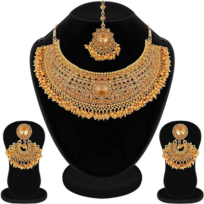 Efulgenz Indian Bollywood Traditional Crystal Pearl Wedding Choker Necklace Earrings Maang Tikka Jewelry Set