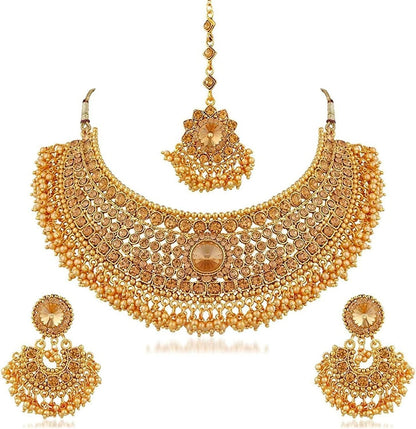 Efulgenz Indian Bollywood Traditional Crystal Pearl Wedding Choker Necklace Earrings Maang Tikka Jewelry Set Style 1