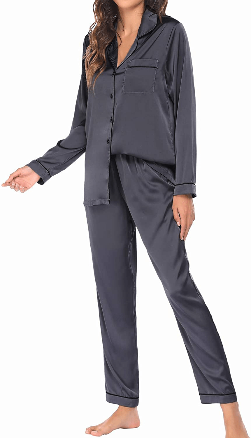 Ekouaer Satin Pajamas Women’S Long Sleeve Sleepwear Silk Soft Button down Loungewear Pjs Set S-XXL Apparel & Accessories > Clothing > Sleepwear & Loungewear > Pajamas Kylie Max   
