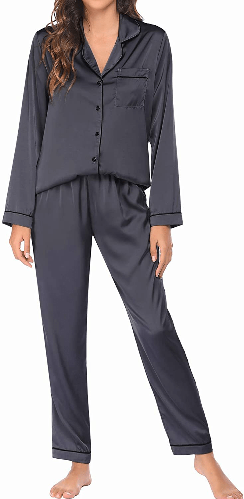 Ekouaer Satin Pajamas Women’S Long Sleeve Sleepwear Silk Soft Button down Loungewear Pjs Set S-XXL Apparel & Accessories > Clothing > Sleepwear & Loungewear > Pajamas Kylie Max   